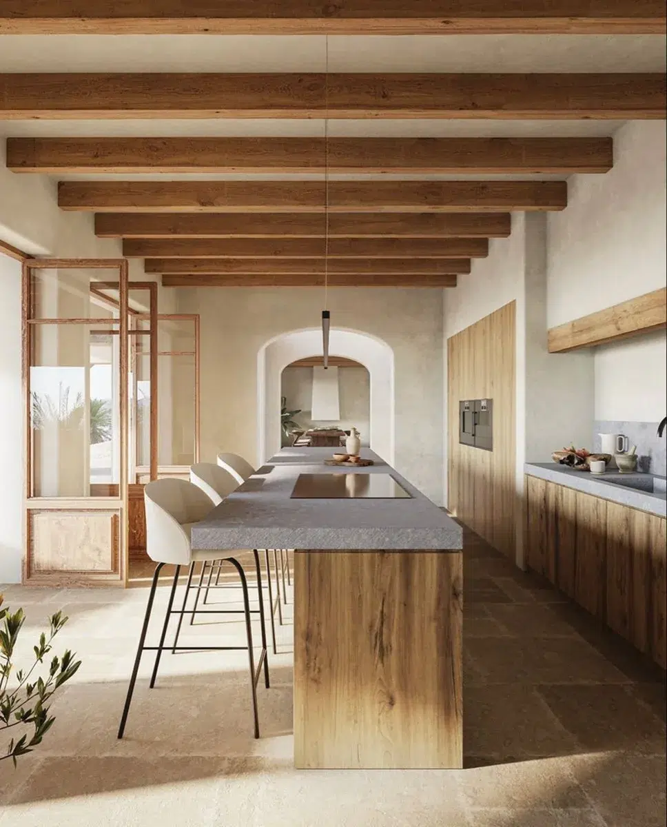 Open-plan Spanish kitchen with island and Mediterranean finishes