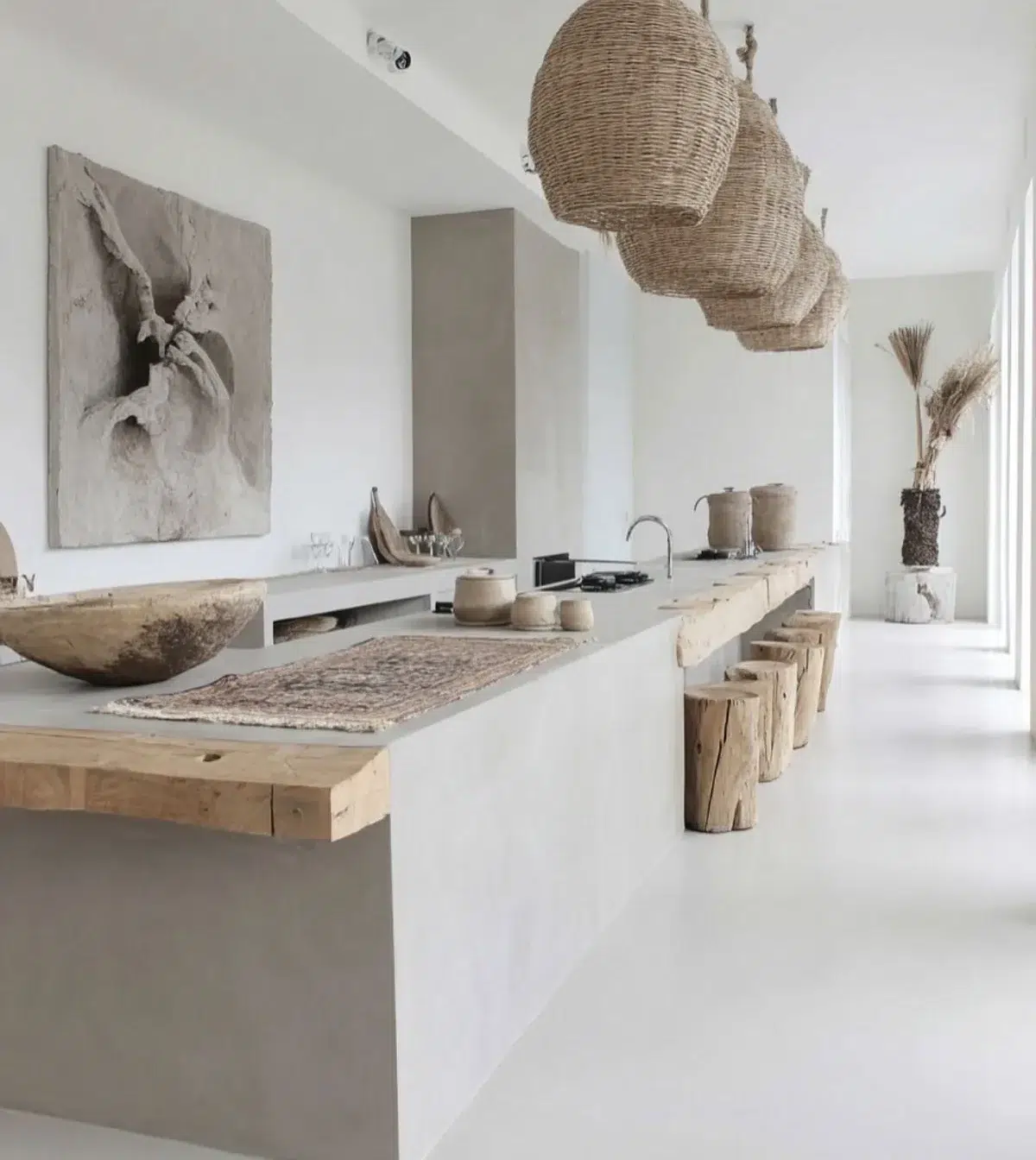 Open-plan Spanish kitchen with timber beams and stone worktops